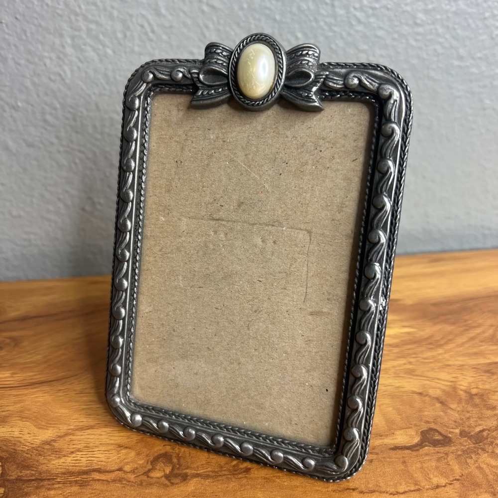 Vintage Photo Frame Small Rectangle Hollywood Regency‎ Silver Bow Faux Pearl